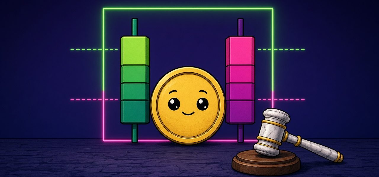 Comic gold coin between two candles inside a neon range box, gavel resting on the table