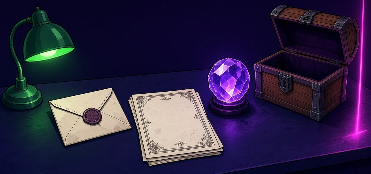 Comic still life of a sealed envelope, blank certificates, a glowing crystal, and an empty chest on a dark desk