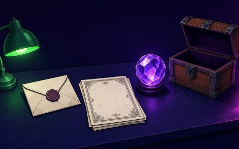 Comic still life of a sealed envelope, blank certificates, a glowing crystal, and an empty chest on a dark desk