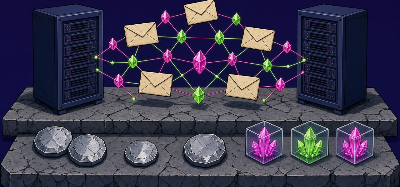 Comic illustration of two server cabinets linked by crystal nodes and envelopes, no text