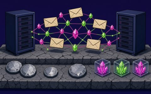 Comic illustration of two server cabinets linked by crystal nodes and envelopes, no text