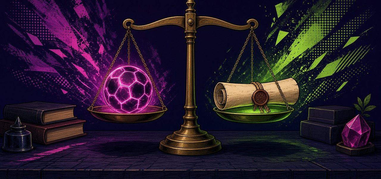 Comic still life of a balance scale with a sports ball and a sealed scroll, no people or text