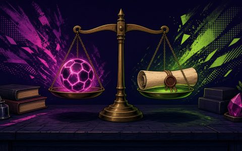 Comic still life of a balance scale with a sports ball and a sealed scroll, no people or text