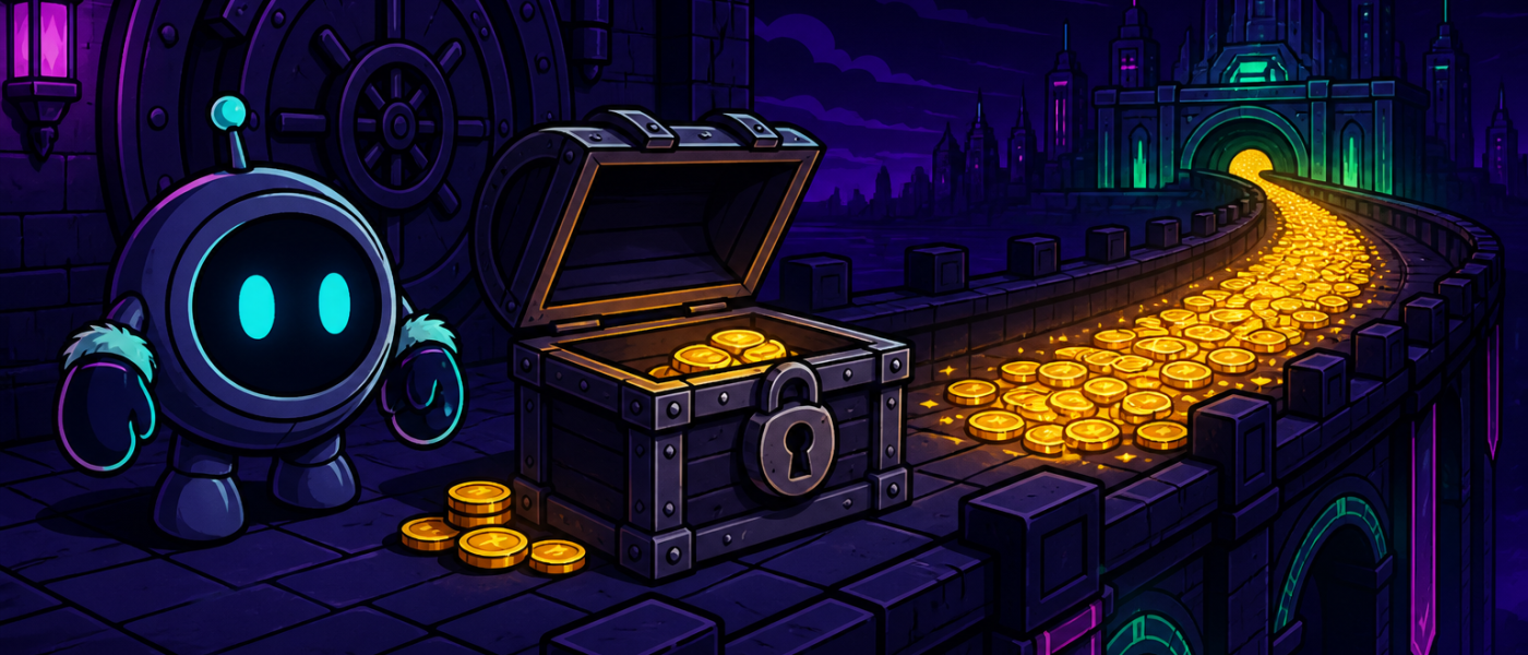 Comic illustration of a mittened robot beside a vault chest and a path of coins, no text