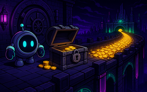 Comic illustration of a mittened robot beside a vault chest and a path of coins, no text