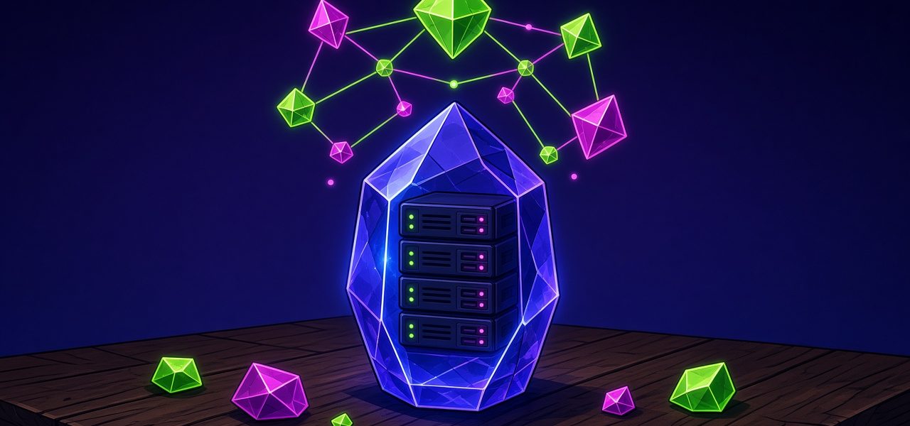 Comic illustration of a crystal server node and floating crystals on a dark desk, no text