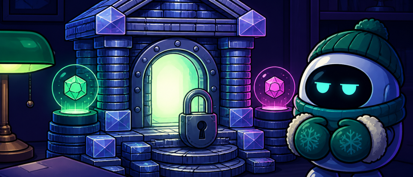 Comic illustration of a locked vault-bank and a mittened robot, no text