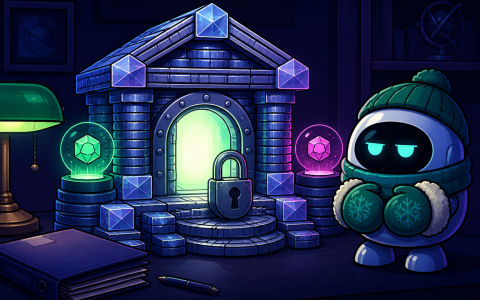 Comic illustration of a locked vault-bank and a mittened robot, no text