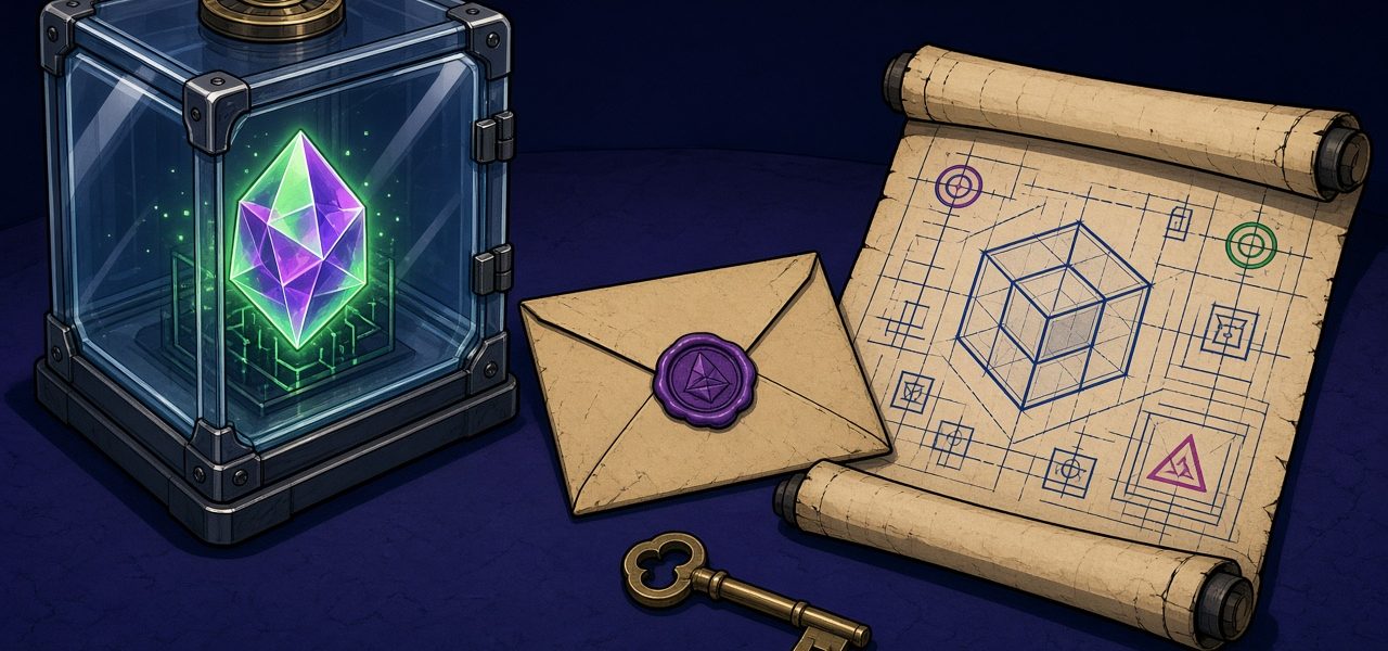 Glass vault with a glowing crystal beside a sealed envelope, brass key, and blueprint scroll. No people.
