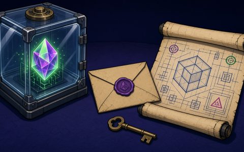 Glass vault with a glowing crystal beside a sealed envelope, brass key, and blueprint scroll. No people.
