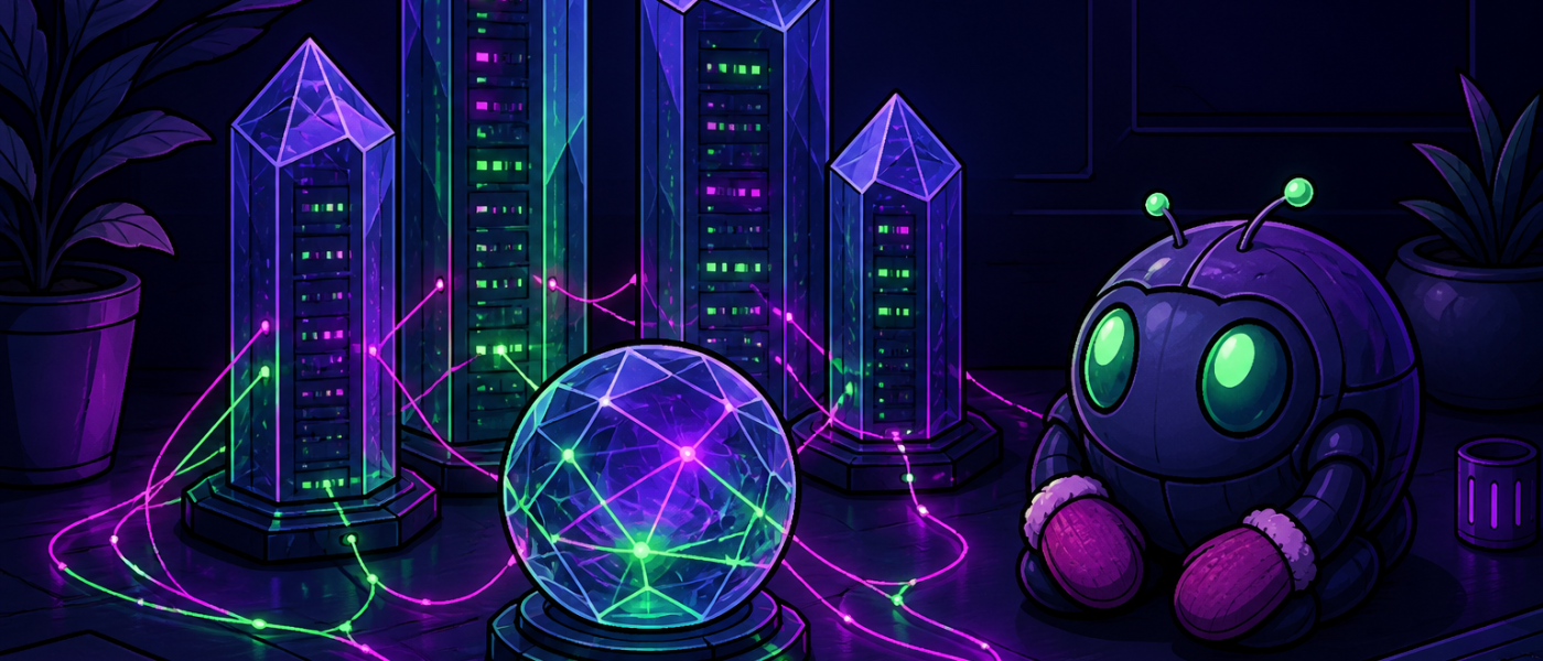 Comic still life of crystal server towers and a mittened robot mascot, no text
