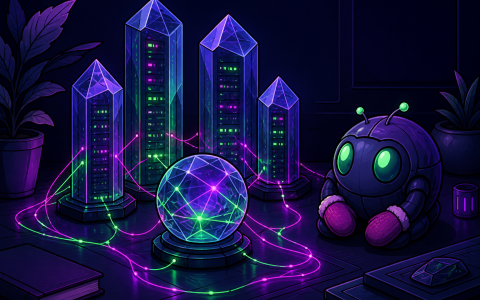 Comic still life of crystal server towers and a mittened robot mascot, no text