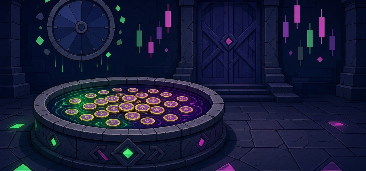 Comic illustration of a gated coin pool in a dark hall, no people