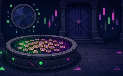 Comic illustration of a gated coin pool in a dark hall, no people