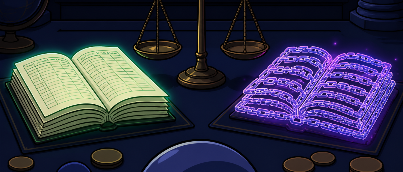 Comic still life of a paper ledger and a chain-link ledger on a dark desk, mittens only, no logos