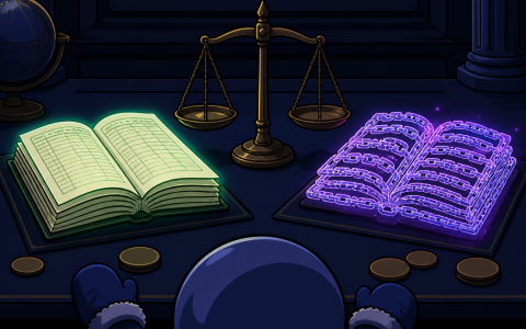 Comic still life of a paper ledger and a chain-link ledger on a dark desk, mittens only, no logos