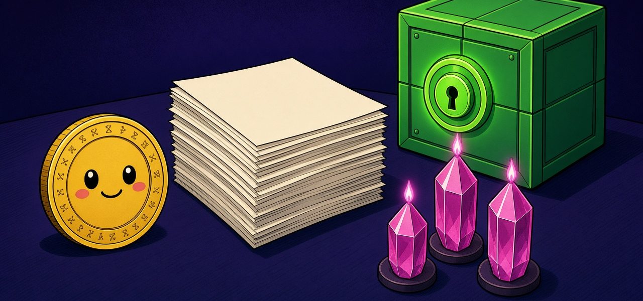 Comic still life of a coin character, paper stack, and green vault