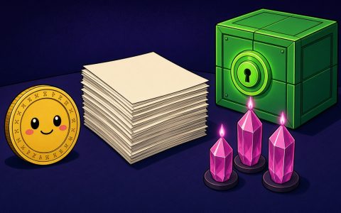 Comic still life of a coin character, paper stack, and green vault