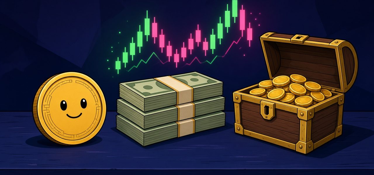 Comic still life of a smiling gold coin, cash stacks, and a treasure chest of coins beside a neon candlestick chart. No text.