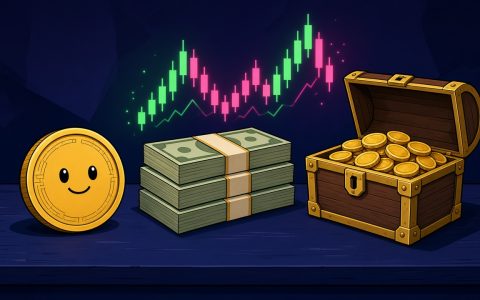 Comic still life of a smiling gold coin, cash stacks, and a treasure chest of coins beside a neon candlestick chart. No text.