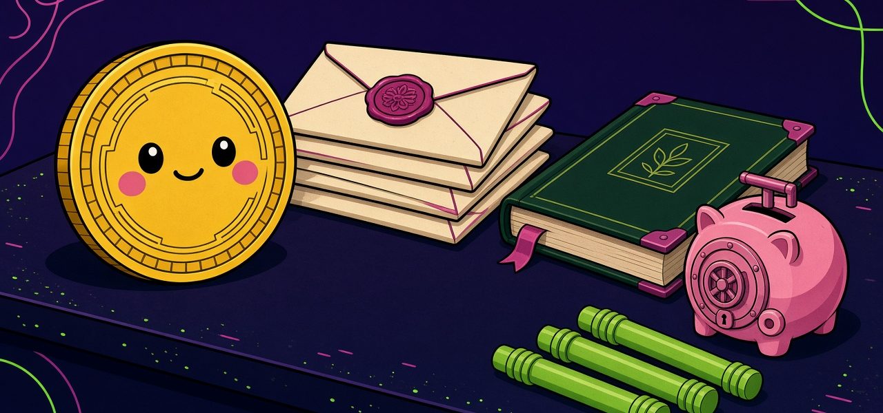 Coin character beside sealed envelopes, a ledger, and a piggy-bank vault on a desk. No people.