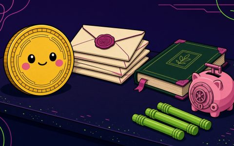 Coin character beside sealed envelopes, a ledger, and a piggy-bank vault on a desk. No people.