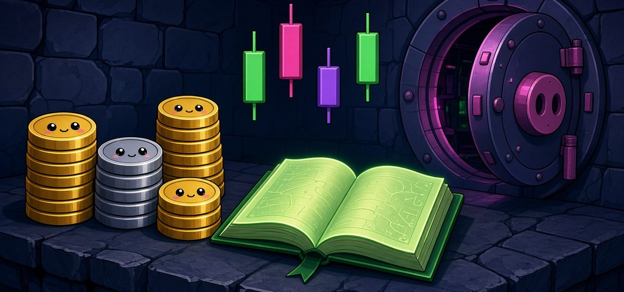 Comic vault scene with stacked coin characters and an open glowing ledger book, no people