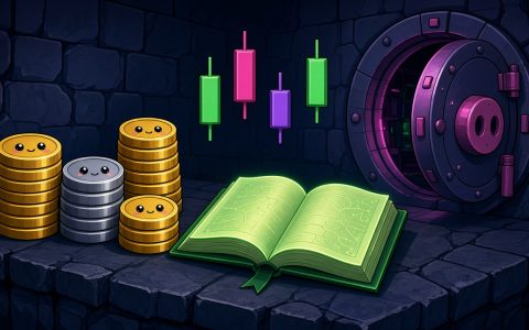 Comic vault scene with stacked coin characters and an open glowing ledger book, no people