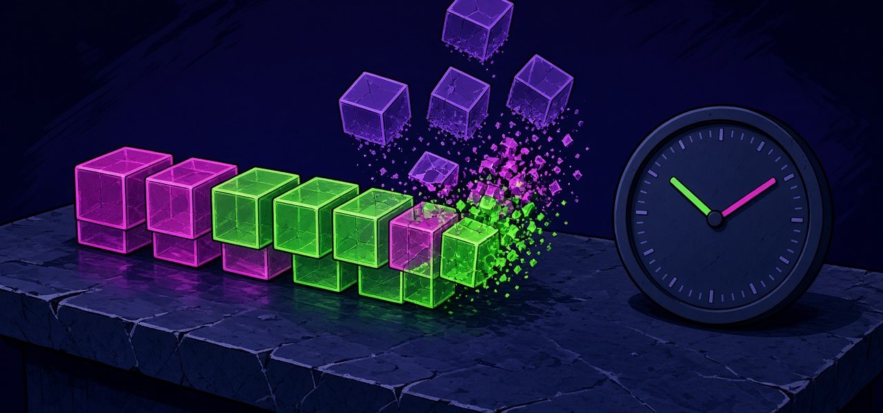 Comic illustration of glowing blocks lifting off a chain beside a clock, no text