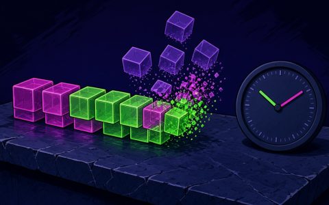 Comic illustration of glowing blocks lifting off a chain beside a clock, no text