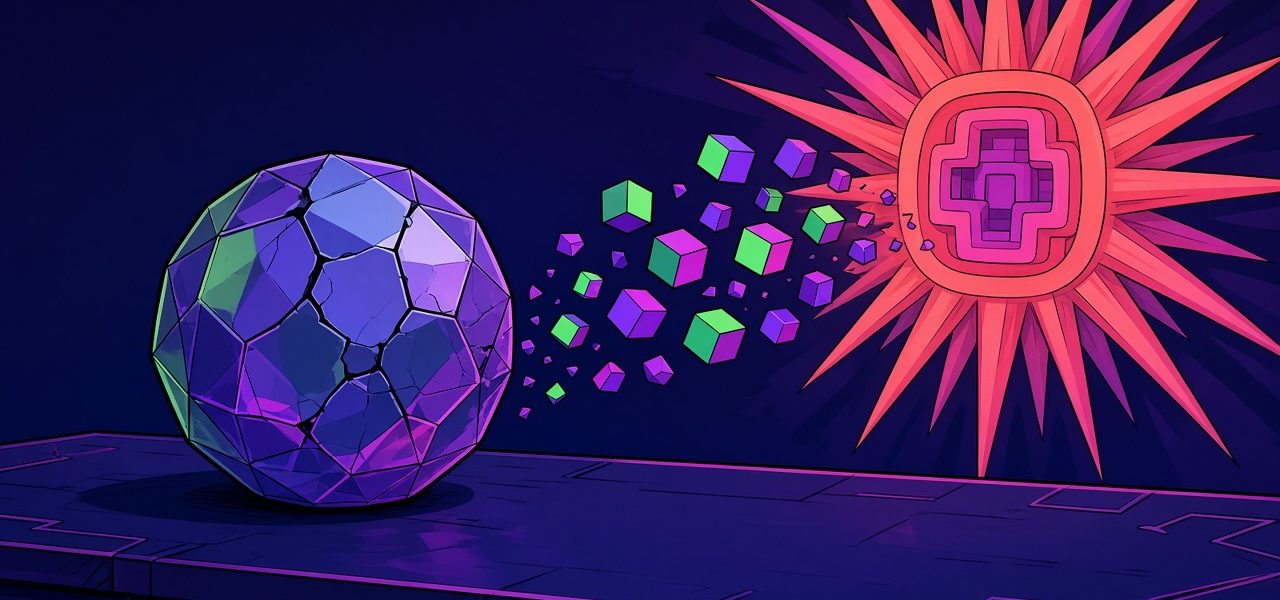 Comic illustration of a cracking chain node drifting toward a starburst, no text