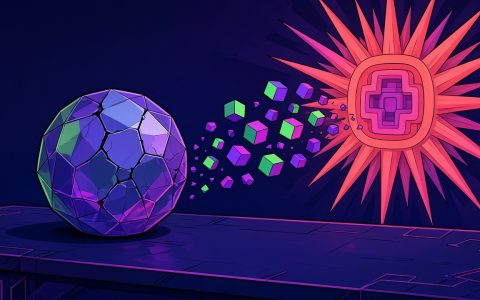 Comic illustration of a cracking chain node drifting toward a starburst, no text