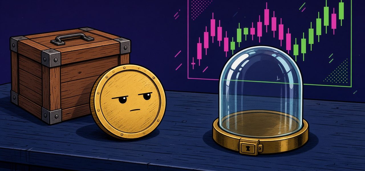 Comic still life of a coin character, crate, and empty glass vault on a desk