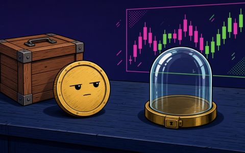 Comic still life of a coin character, crate, and empty glass vault on a desk