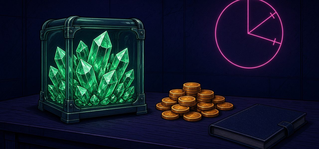 Comic illustration of a crystal vault, gold discs, closed ledger, and an incomplete pie outline. No people.