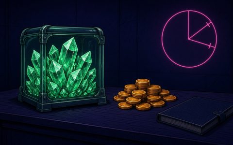 Comic illustration of a crystal vault, gold discs, closed ledger, and an incomplete pie outline. No people.