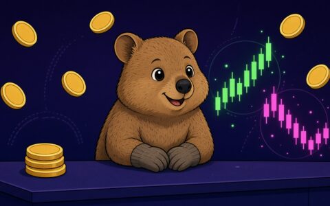 Comic quokka at a news desk with blank gold coins and candle charts. AI-generated illustration, no text.