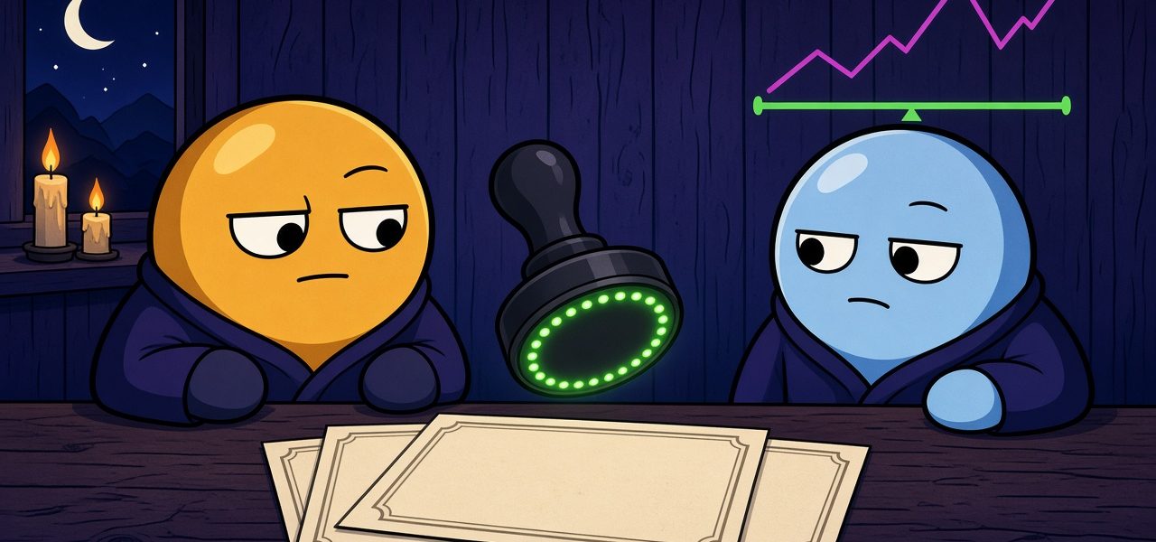 Two coin mascots watch a glowing blank stamp over certificates on a night desk