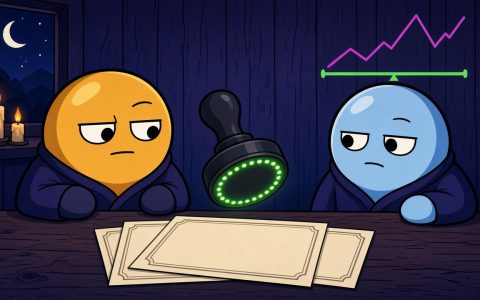 Two coin mascots watch a glowing blank stamp over certificates on a night desk