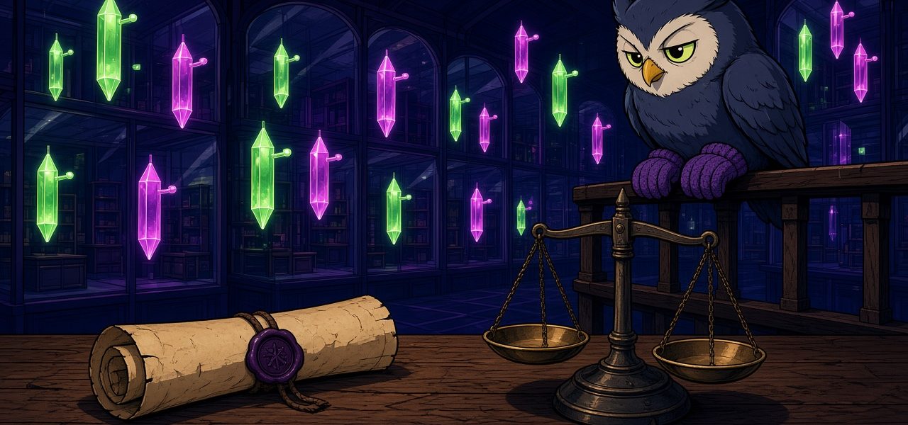 Comic owl with mittens watching a sealed scroll and balance scale in an empty trading hall