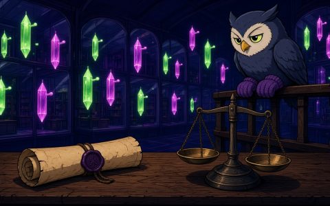 Comic owl with mittens watching a sealed scroll and balance scale in an empty trading hall