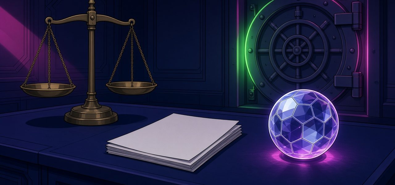 Comic illustration of a brass scale, blank papers, a crystal ball, and a vault. No text.
