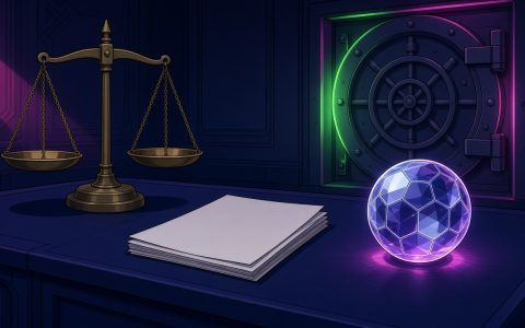 Comic illustration of a brass scale, blank papers, a crystal ball, and a vault. No text.