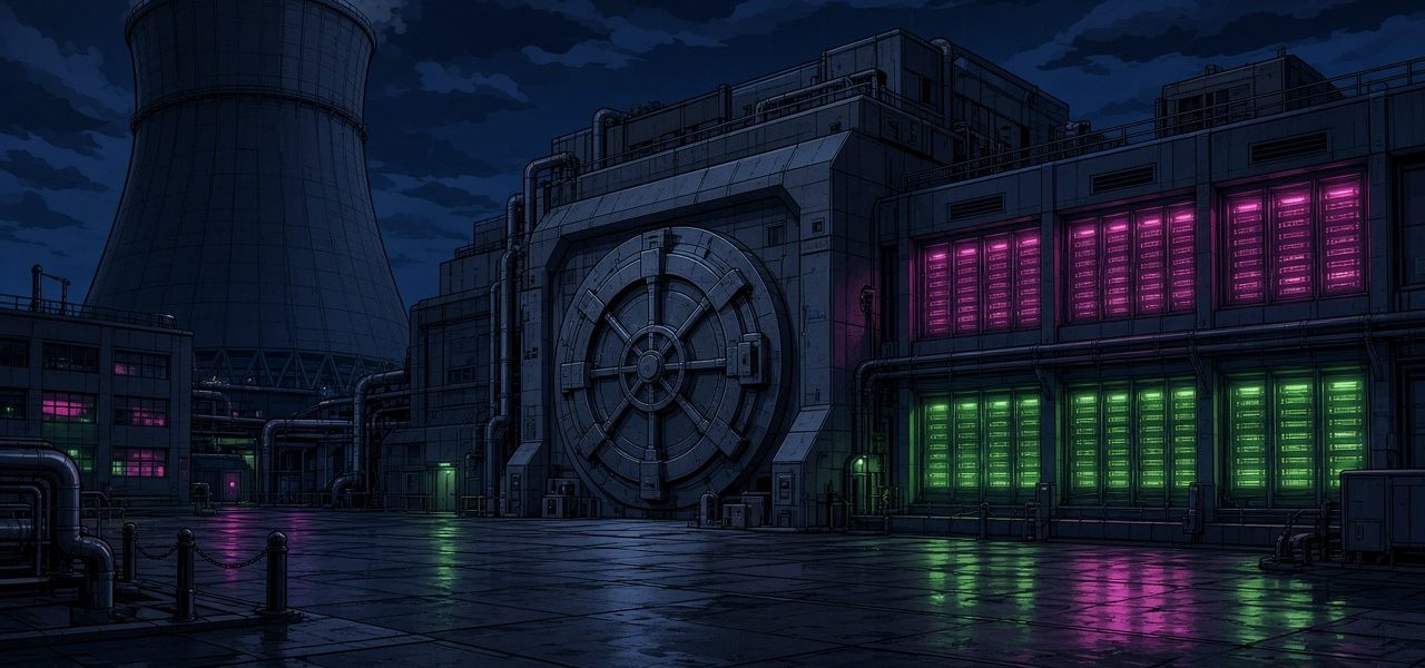 Comic illustration of a night data-center campus with a vault door and no people