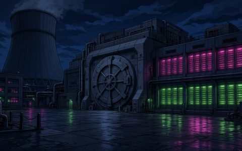 Comic illustration of a night data-center campus with a vault door and no people