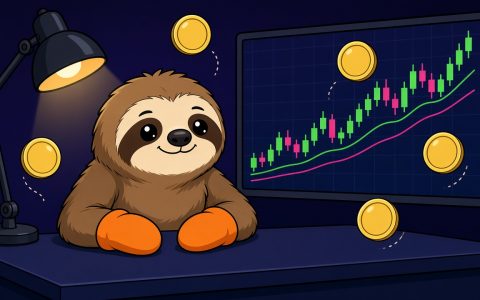 Cartoon sloth in orange mittens at a news desk with floating blank coins and a candlestick chart. AI-generated comic illustration. No text overlay.