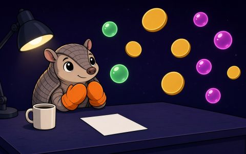 Comic armadillo in mittens at a crypto news desk with blank coins