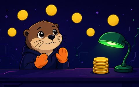 Comic otter mascot with orange mittens and blank gold coins at a news desk