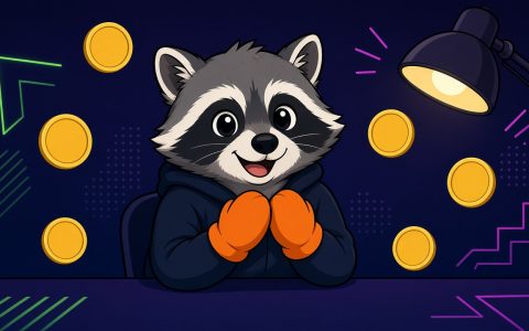Comic raccoon at a news desk with orange mittens and blank gold coins