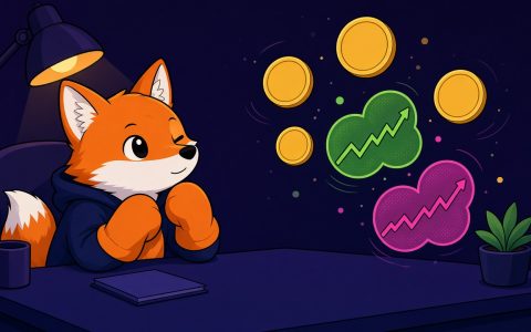 Comic fox mascot in mittens at a news desk with blank coins